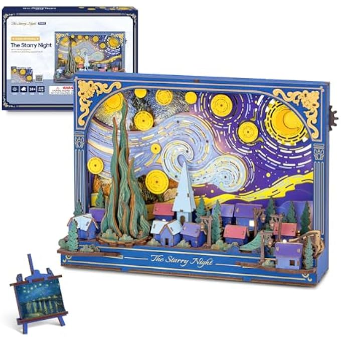 3D PUZZLE STARRY NIGHT, WOODEN FLOWER MODEL KIT, HANGABLE WALL ART DECOR, DIY CONSTRUCTION SET - Image 1